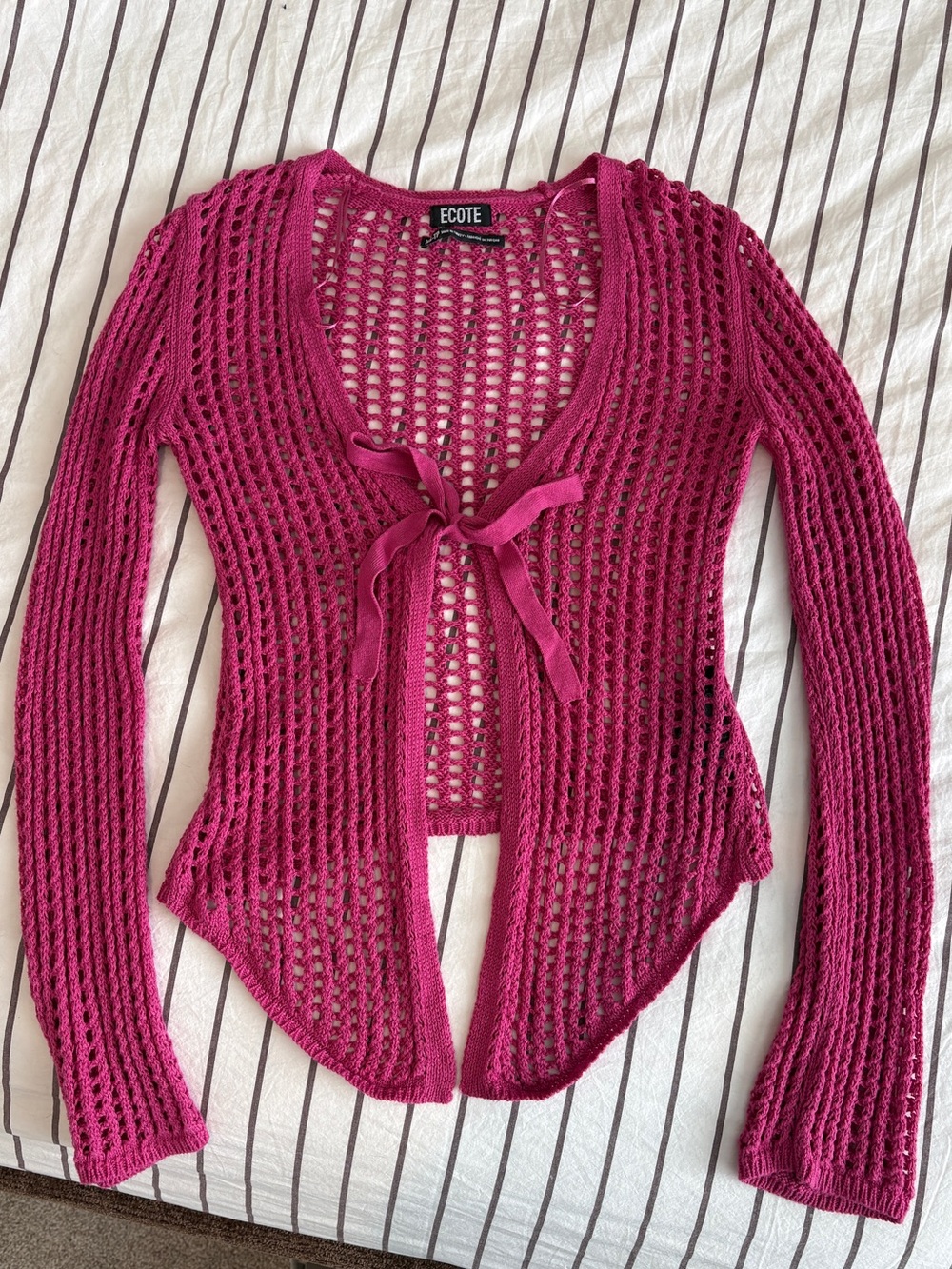 ECOTE Women’s Vintage Y2K Pink Knit Tie Front Long Sleeve Cardigan